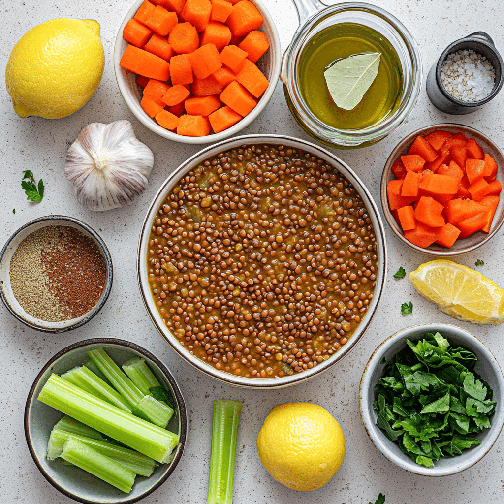 Ingredients for lentil soup including lentils carrots celery onion garlic tomatoes broth and lemon.
