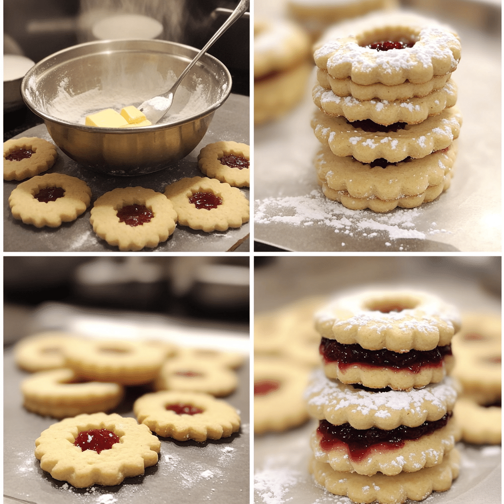 Four-panel collage showing mixing dough, cutting linzer cookies, dusting powdered sugar, and assembling jam sandwich cookies