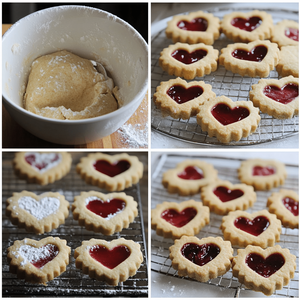 Four-panel collage showing dough mixing, cutting cookies with heart windows, dusting powdered sugar, and filling with jam