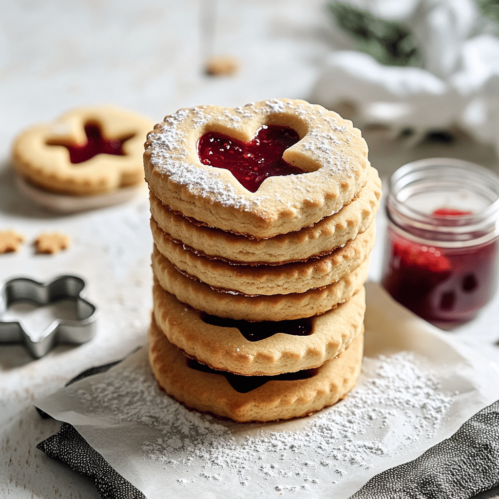 Overhead view of linzer cookies dusted with powdered sugar and filled with jam, showing cut-out windows