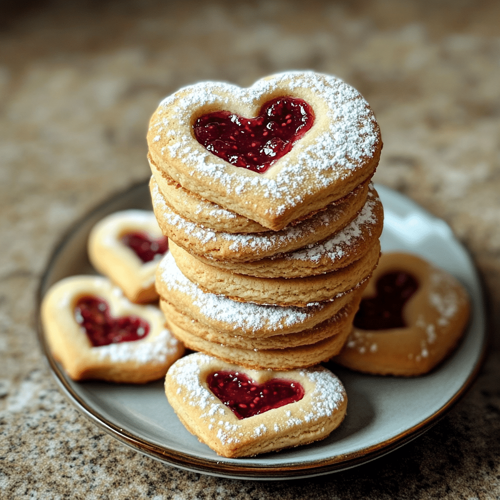 Linzer cookies with powdered sugar and heart jam cutouts on a plate
