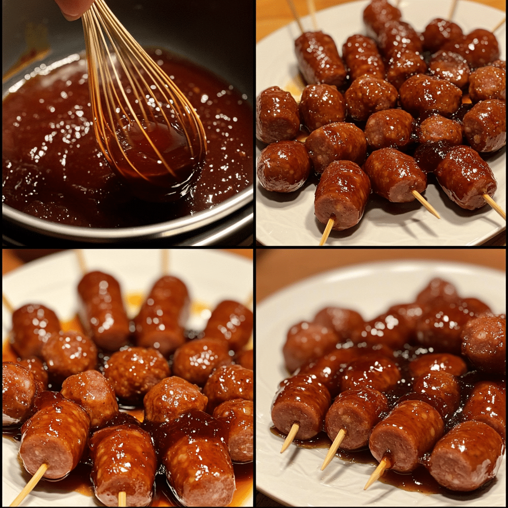 Four-panel collage showing mixing sauce, adding to slow cooker, stirring, and serving little smokies with toothpicks