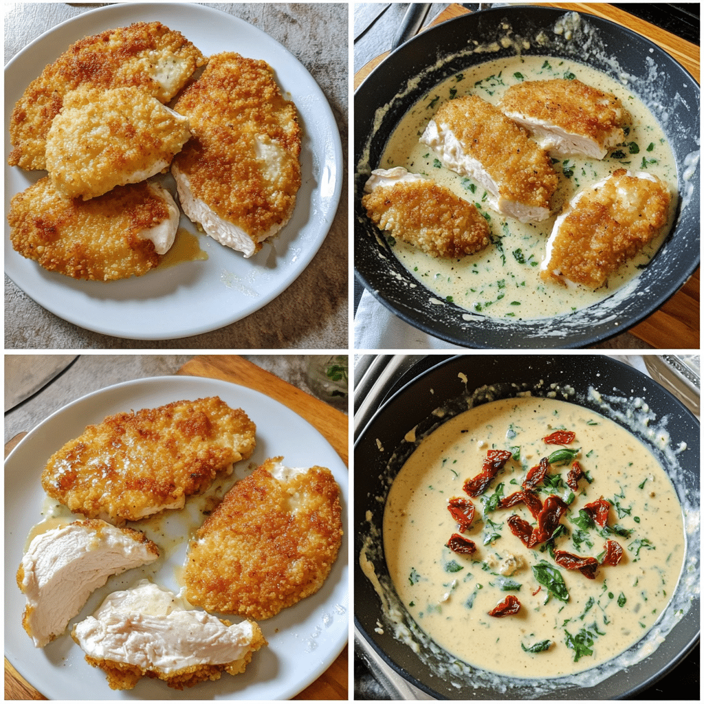 Four-panel collage showing dredging cutlets, searing, making cream sauce, and simmering chicken with sun dried tomatoes