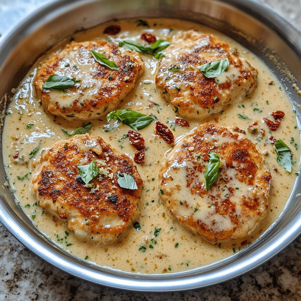 Marry me chicken cutlets in creamy parmesan sauce with sun dried tomatoes and basil in a skillet