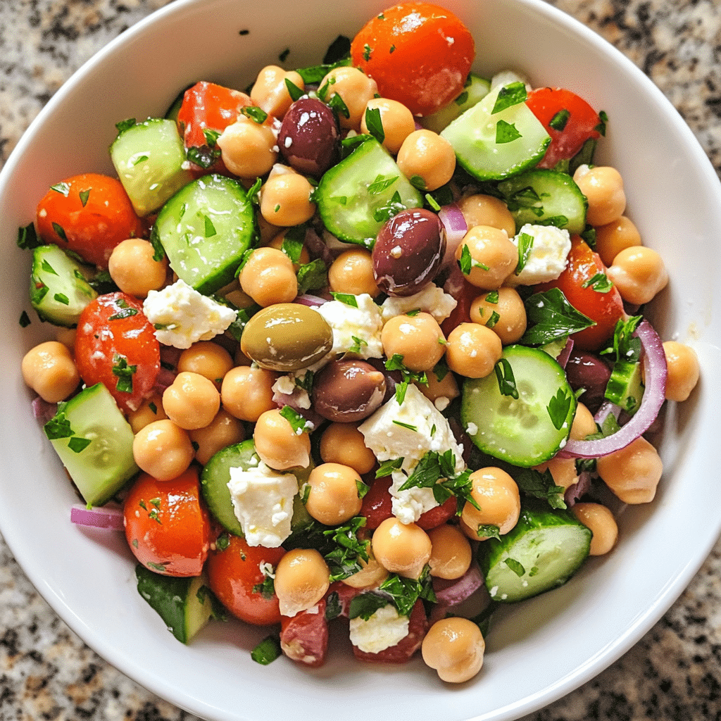 Mediterranean chickpea and feta salad with cucumber, tomatoes, olives, and lemon dressing in a bowl