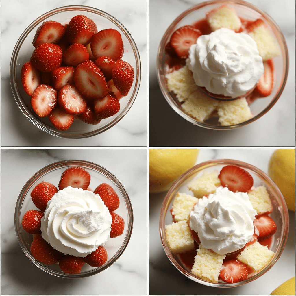 Four-panel collage showing strawberries macerating, whipped cream being made, cake layered in cups, and finished shortcake cups