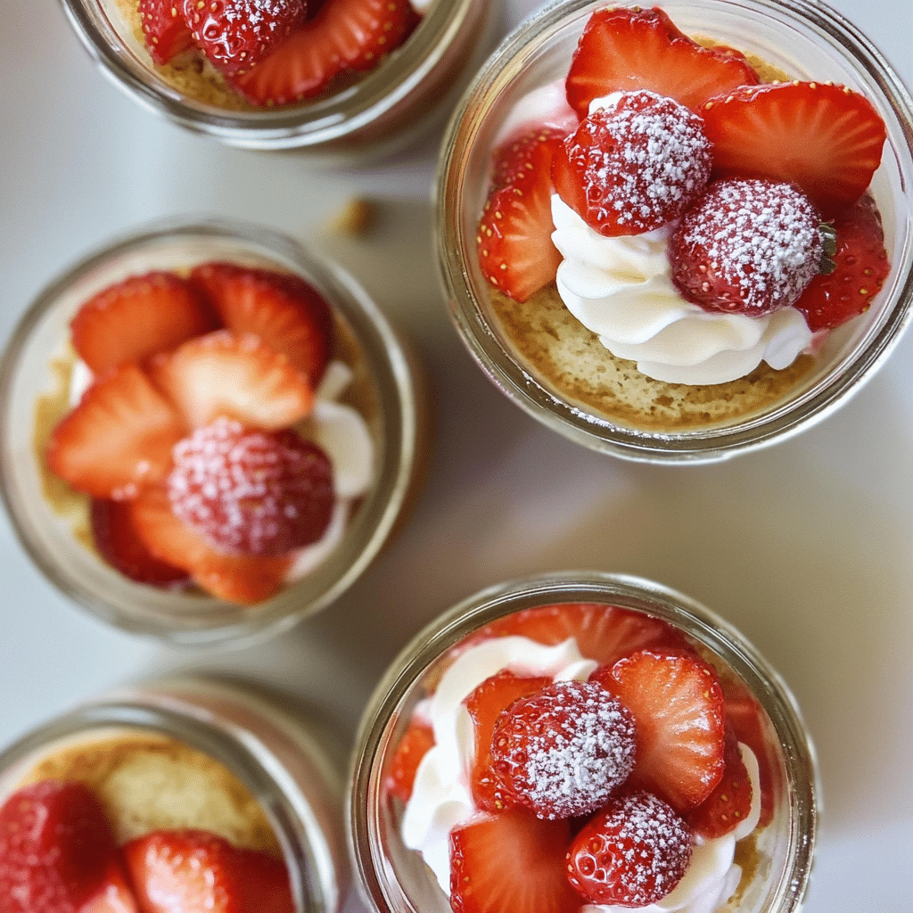 Mini strawberry shortcake cups layered with vanilla cake, strawberries, and whipped cream in clear jars
