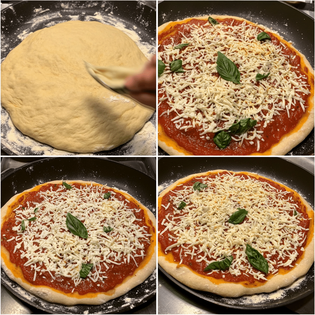 Four-panel collage showing stretching dough, saucing, adding mozzarella, and slicing baked pizza