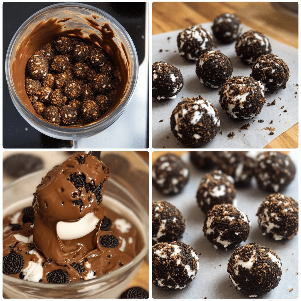 Four-panel collage showing crushing Oreos, mixing with cream cheese, rolling balls, and dipping in chocolate