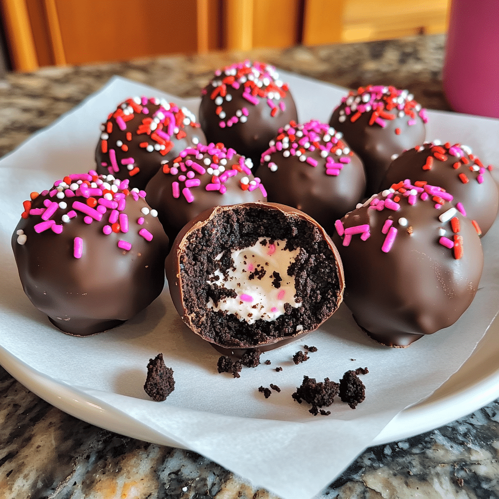 Chocolate coated Oreo balls topped with Oreo crumbs and sprinkles, one cut open to show the center