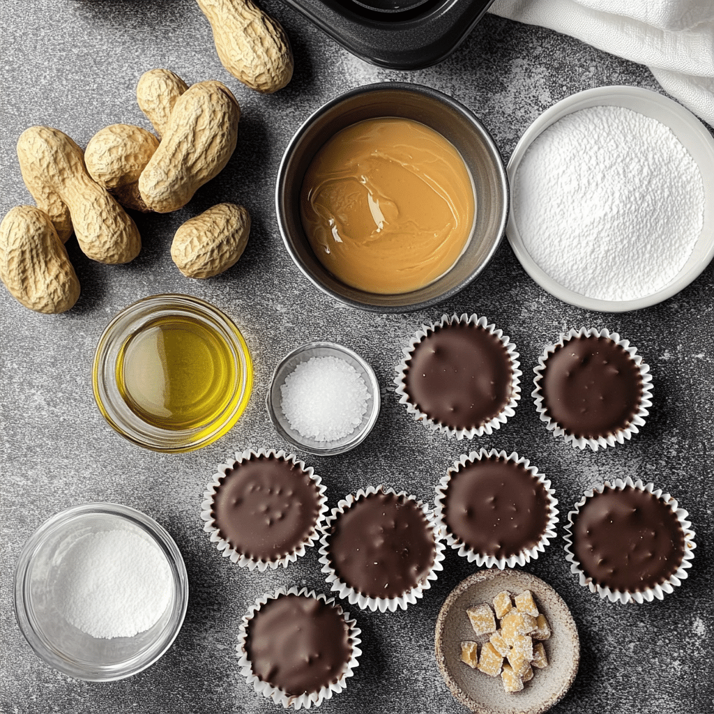 Ingredients for homemade peanut butter cups including chocolate chips, peanut butter, powdered sugar, butter, coconut oil, and muffin liners