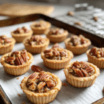 Pecan pie cookies with toasted pecan filling on a parchment-lined baking sheet.