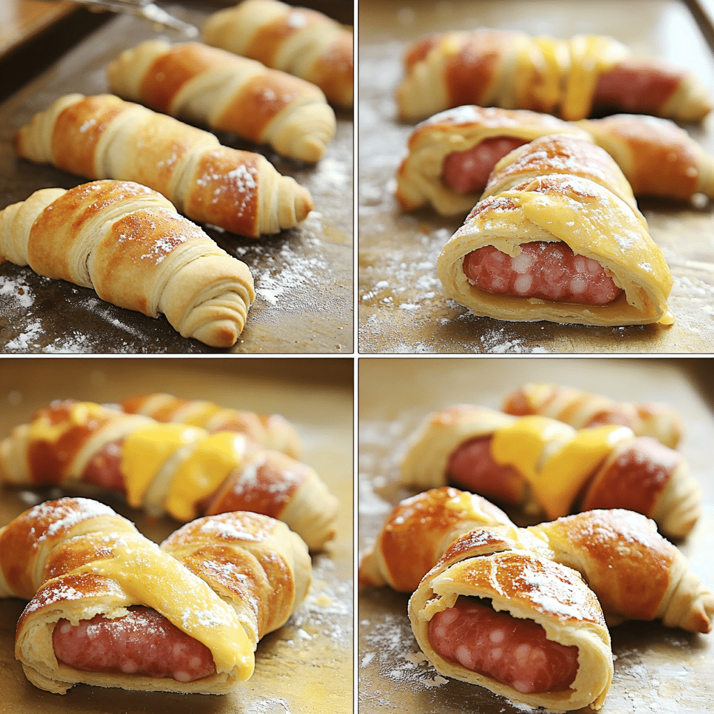Four-panel collage showing cutting dough, wrapping sausages, brushing egg wash, and baked pigs in a blanket being dipped