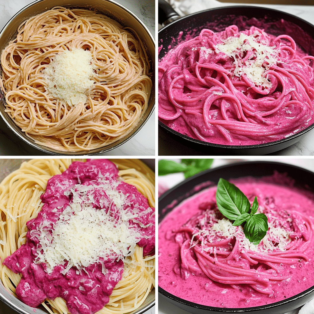 Ingredients for beet pasta including cooked beets, garlic, cream, parmesan, lemon, and pasta