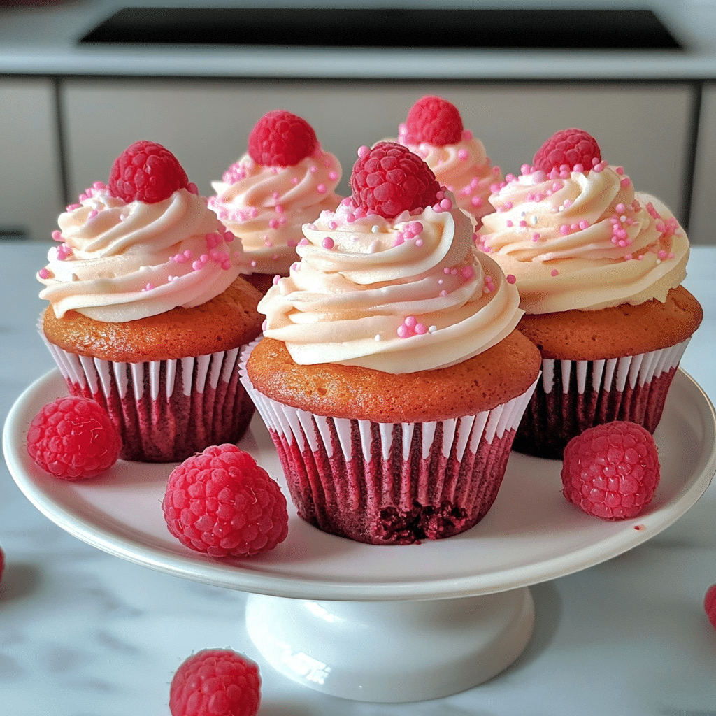 Pink velvet cupcakes with cream cheese frosting swirls and pink sprinkles on a stand