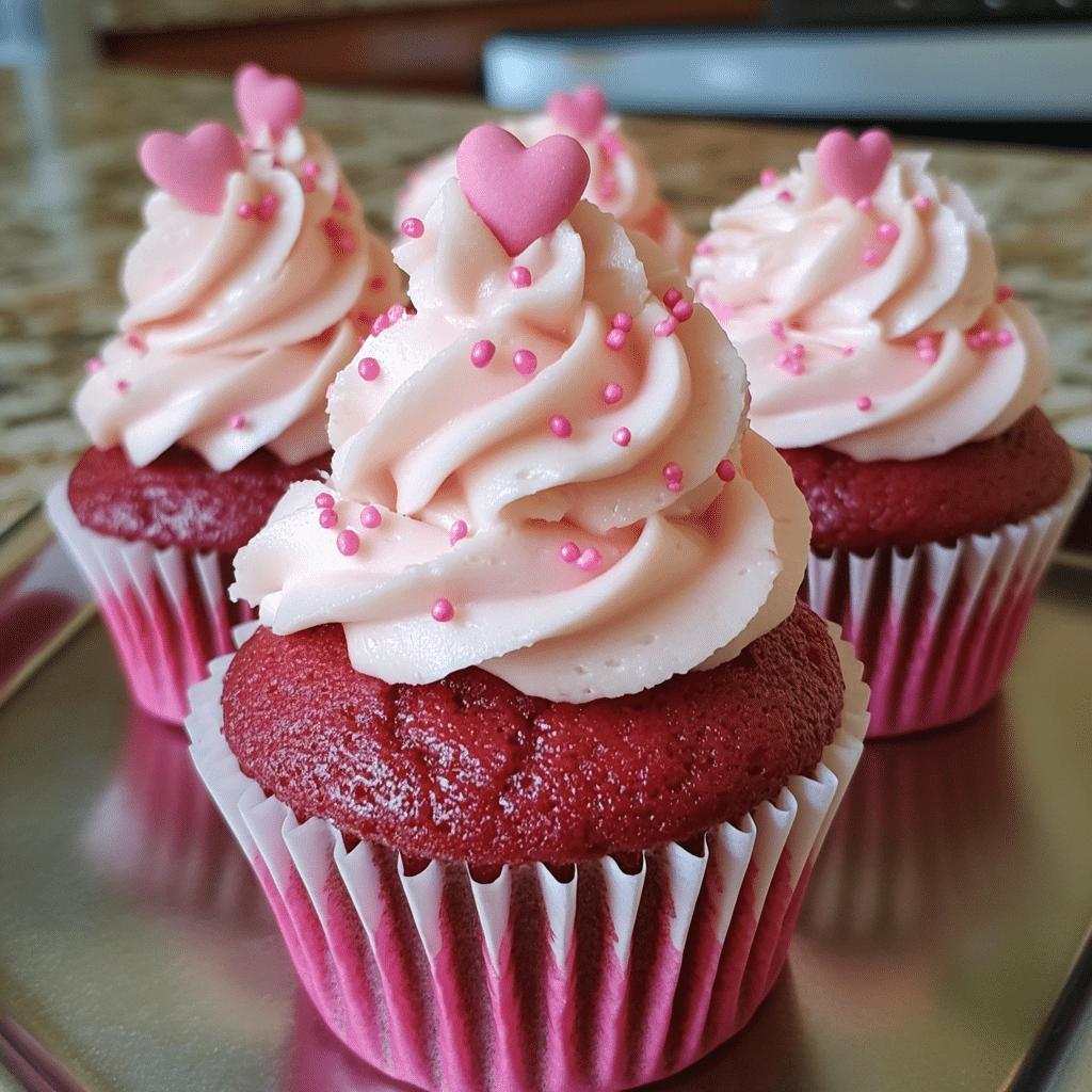 Pink velvet cupcakes with cream cheese frosting and pink sprinkles on a tray
