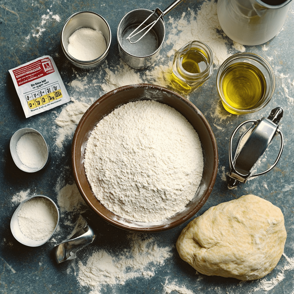 Flour, yeast, salt, olive oil, and water laid out to make pizza crust
