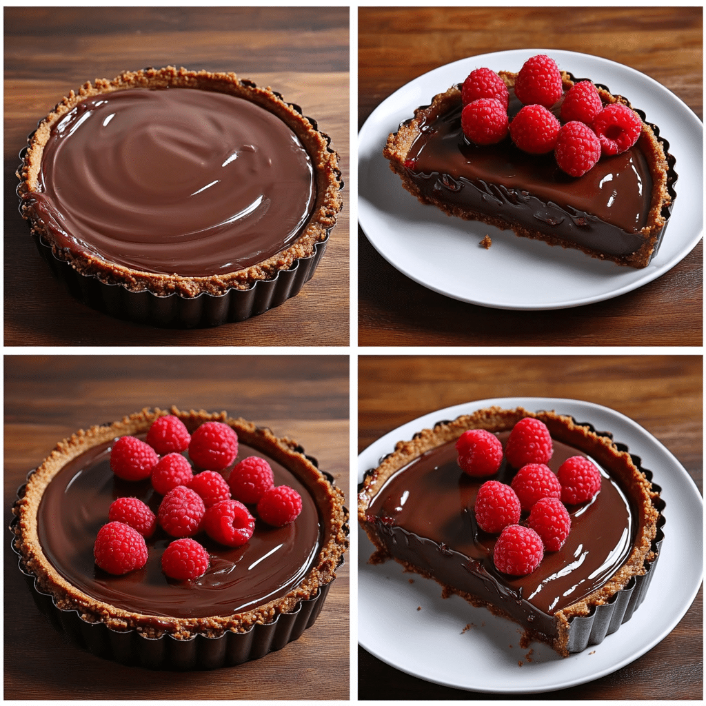 Four-panel collage showing crust pressed in tart pan, ganache poured, raspberries arranged with glaze, and tart sliced