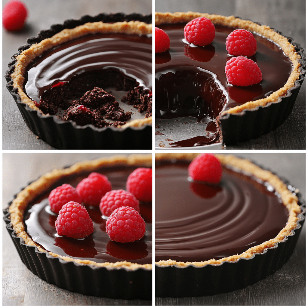 Four-panel collage showing crust crumbs, pressed crust, ganache poured, and raspberries on top