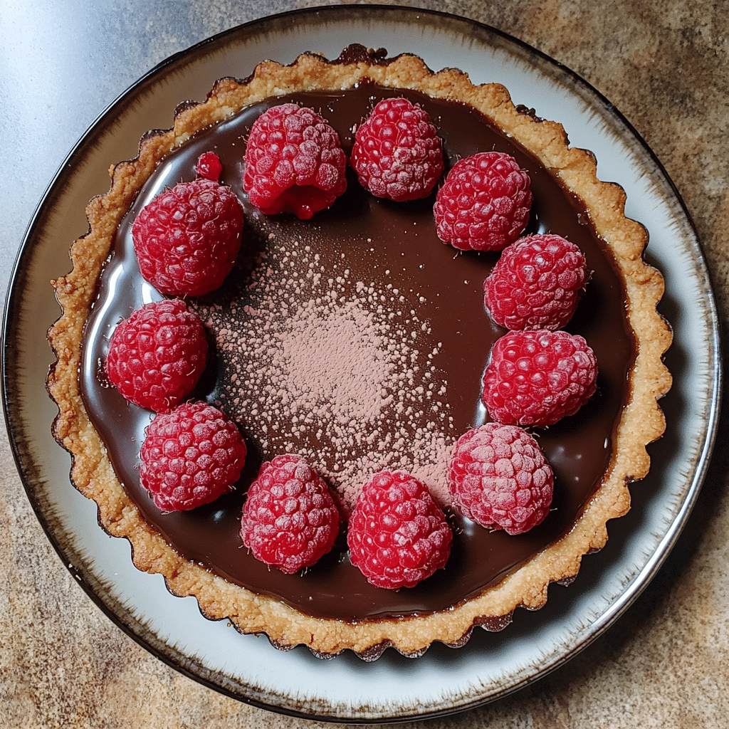 Raspberry chocolate tart with chocolate ganache filling and fresh raspberries on top