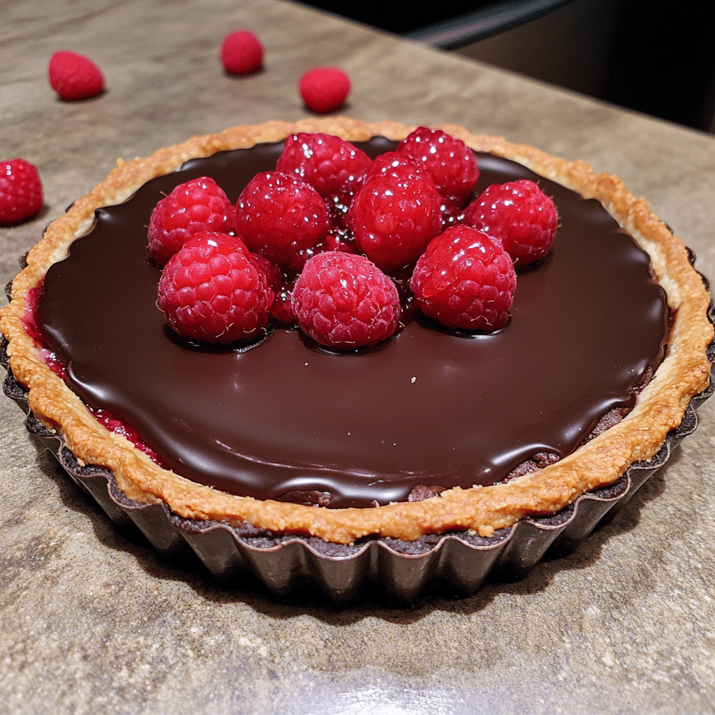 Raspberry chocolate tart with chocolate cookie crust, smooth ganache filling, and fresh raspberries on top