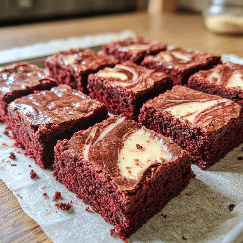 Red velvet brownies cut into squares with cream cheese swirl on top