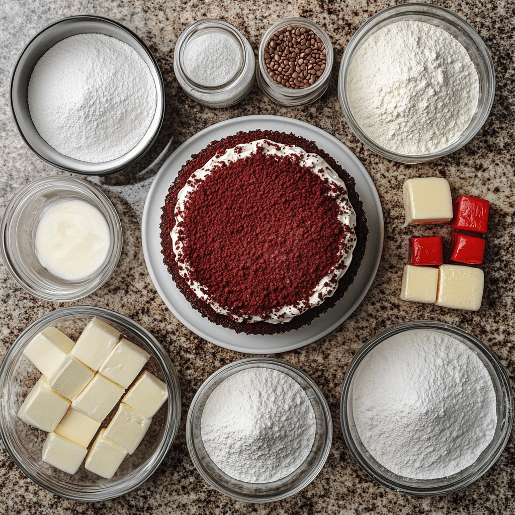 Ingredients for red velvet cake and cream cheese frosting arranged on a kitchen counter