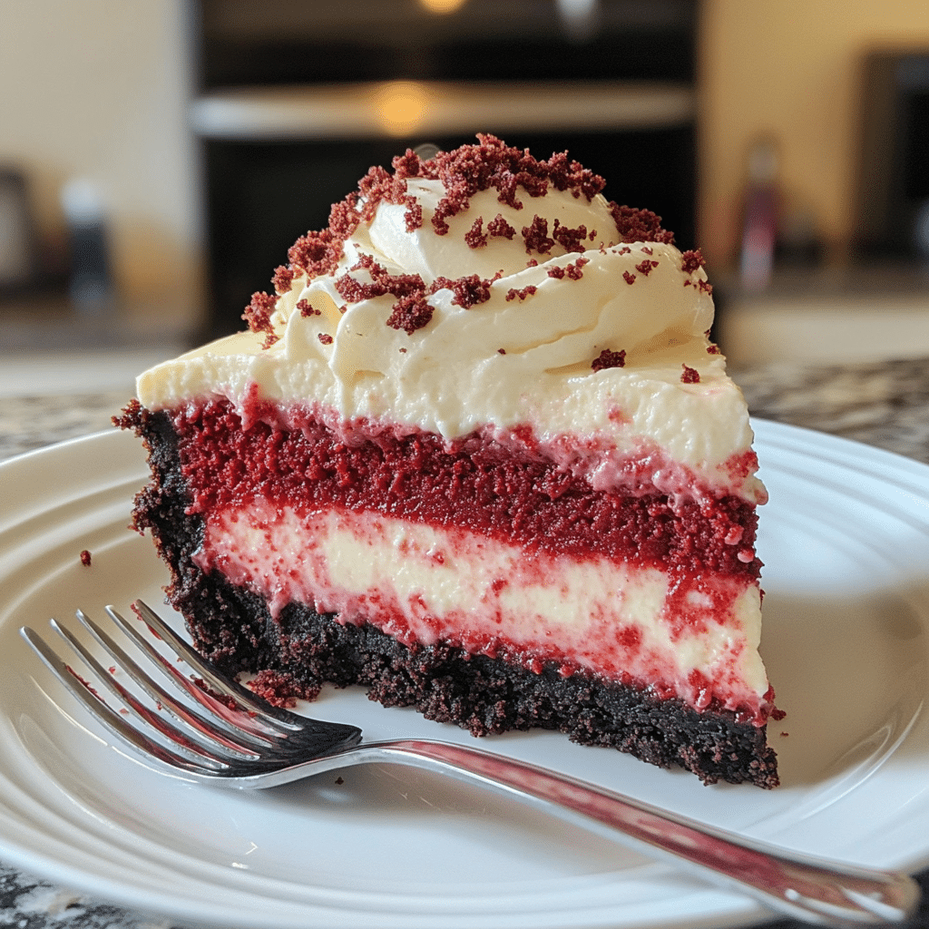 Slice of red velvet cheesecake with chocolate cookie crust and cream cheese frosting topped with red crumbs
