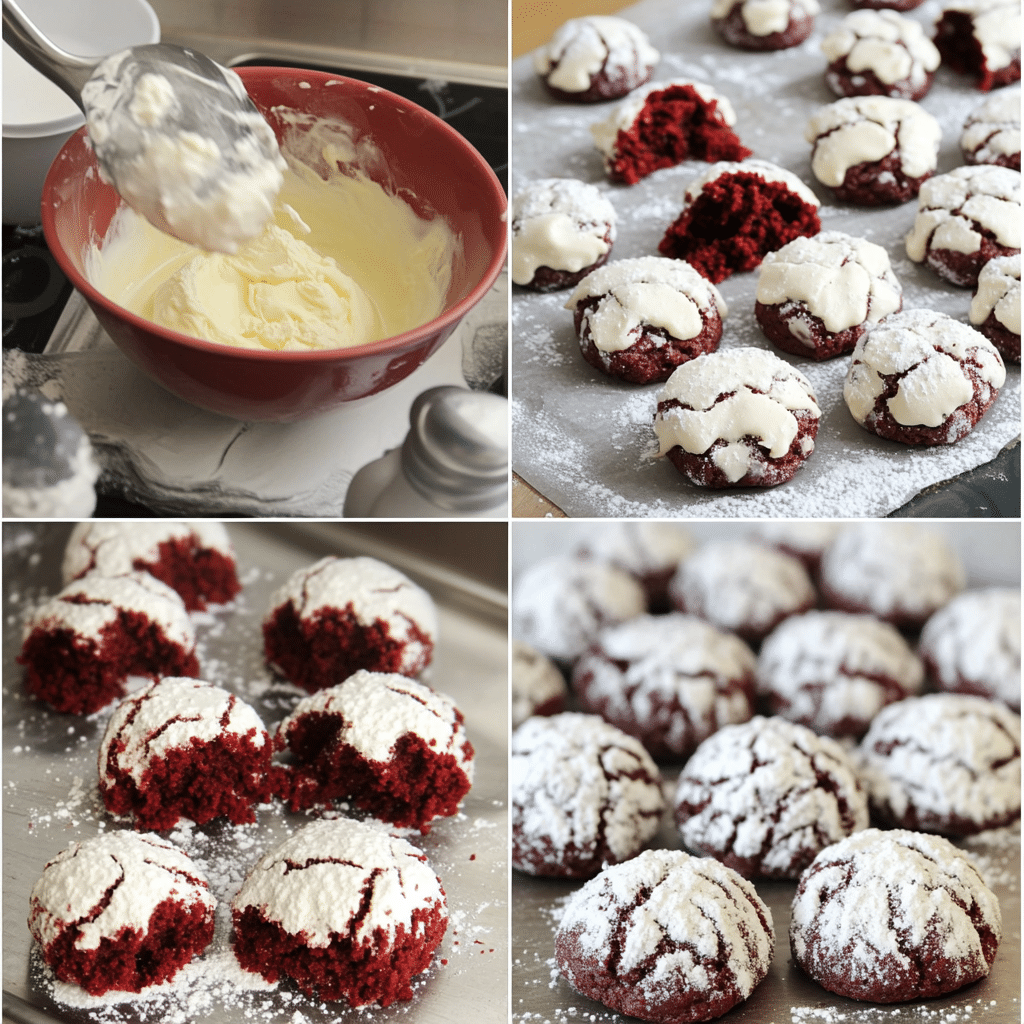 Four-panel collage showing mixing dough, coloring it red, rolling in sugar, and baked red velvet crinkle cookies cooling