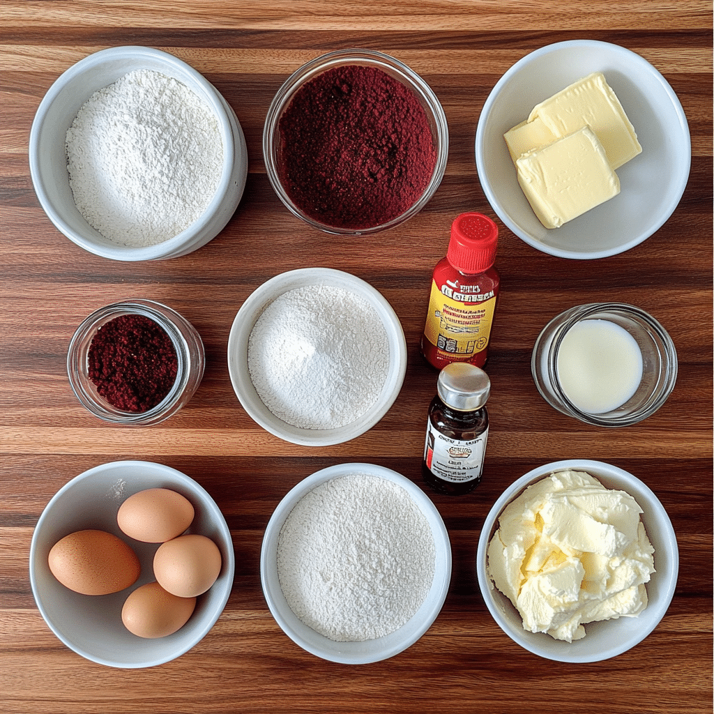 Overhead view of ingredients for red velvet cake and cream cheese frosting.