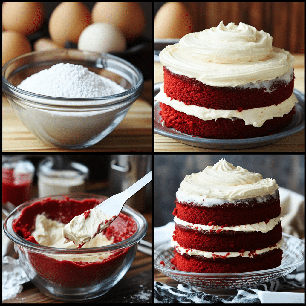 Four-panel collage showing red velvet cake batter prep and frosting.