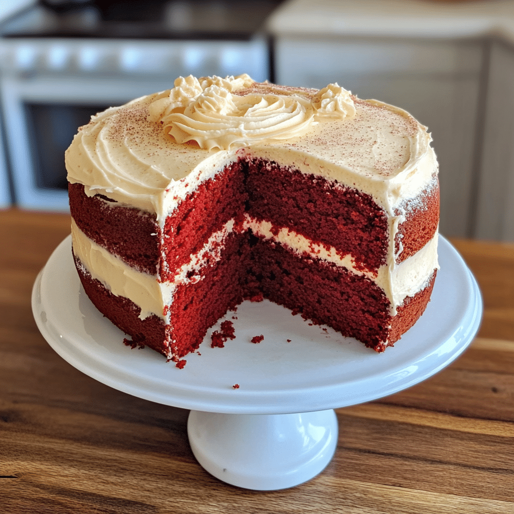 Red velvet layer cake with cream cheese frosting on a cake stand with one slice removed.