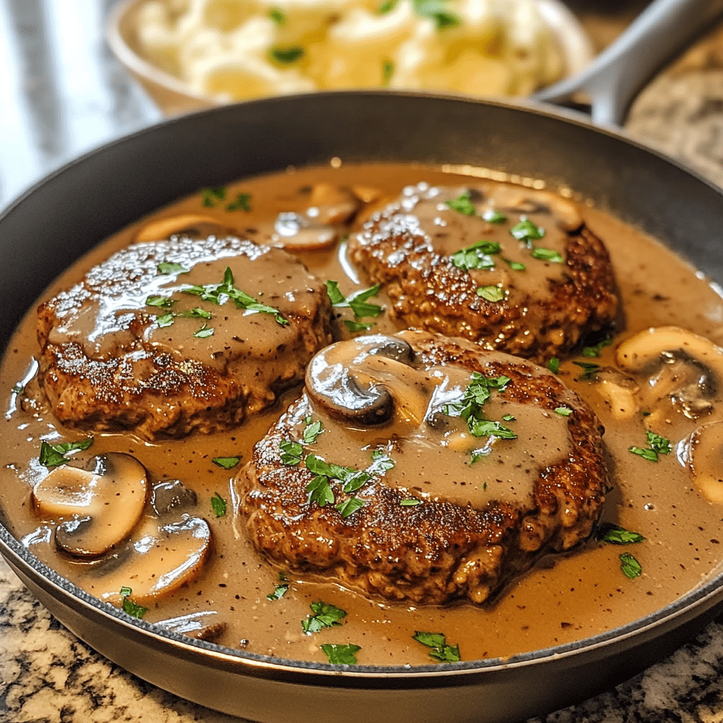Ingredients for Salisbury steak with mushroom gravy including ground beef, onion, breadcrumbs, mushrooms, broth, and seasonings