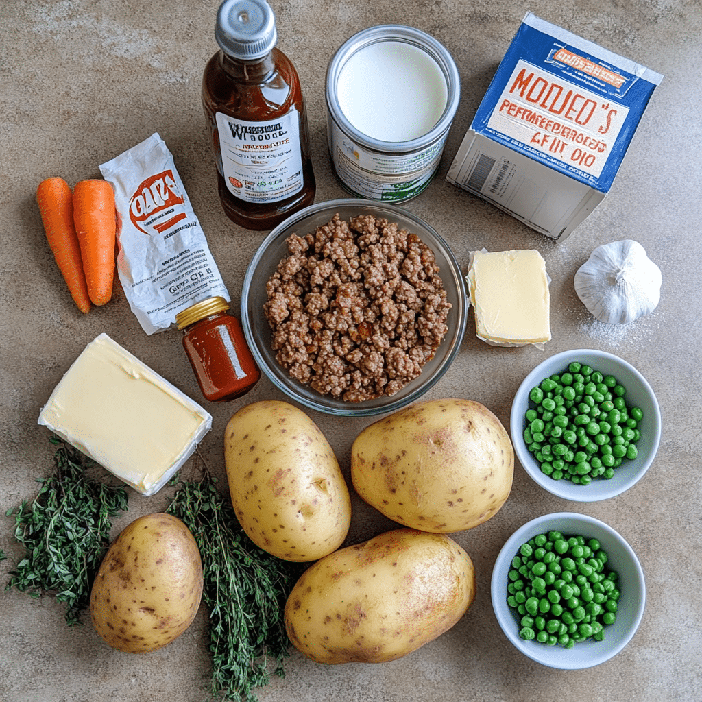 Shepherd’s pie ingredients including potatoes, ground lamb, carrots, peas, broth, and seasonings.