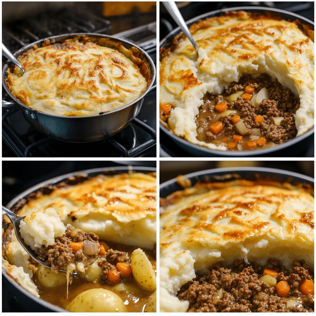 Four panel collage showing boiling potatoes, cooking filling, assembling, and baked shepherd’s pie.