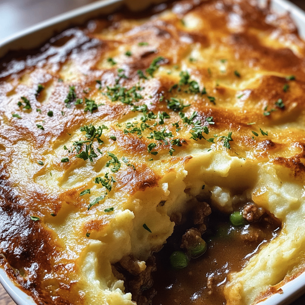 Homemade shepherd’s pie in a baking dish with mashed potato topping and parsley.