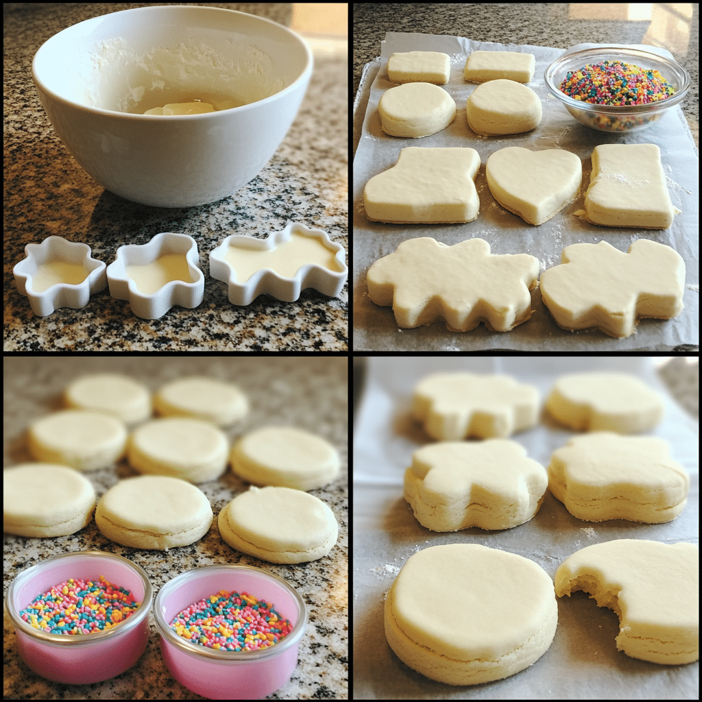 Four-panel collage showing mixing dough, rolling and cutting shapes, baking on a sheet, and decorating setup for soft cut-out sugar cookies