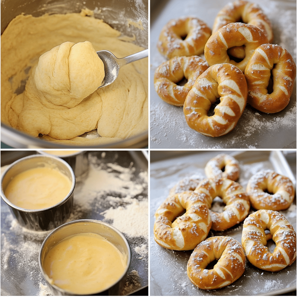 Four-panel collage showing kneading dough, cutting bites, dipping in baking soda bath, and baked pretzel bites on a tray