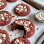 red velvet cookies with white chocolate chips on a baking sheet