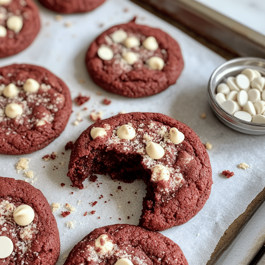 red velvet cookies with white chocolate chips on a baking sheet
