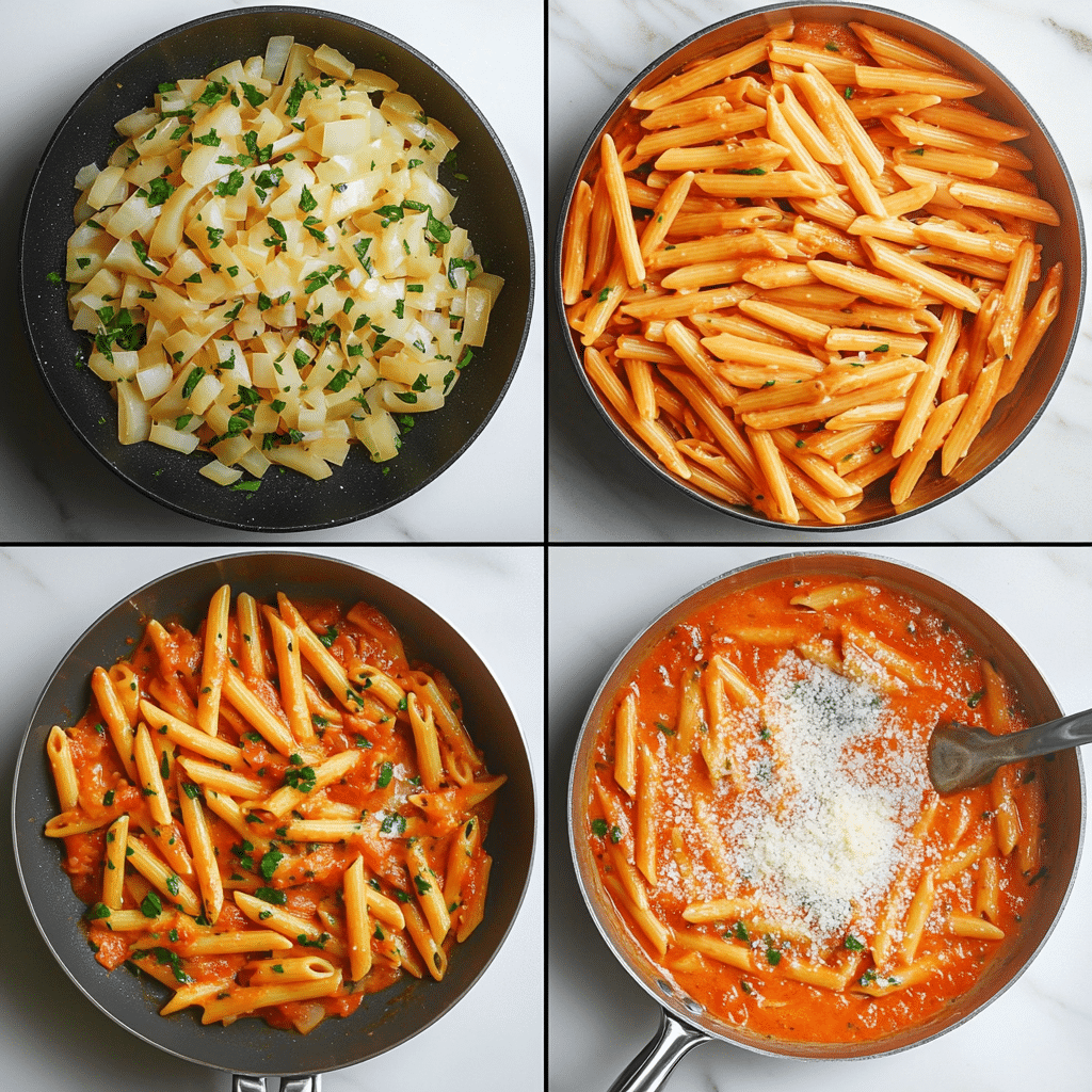 Four-panel collage showing sautéing aromatics, toasting tomato paste, adding vodka and cream, and tossing penne in sauce