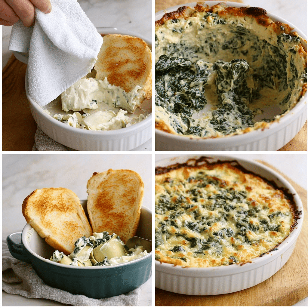 Four-panel collage showing squeezing spinach, mixing the base, filling a dish, and scooping baked spinach artichoke dip