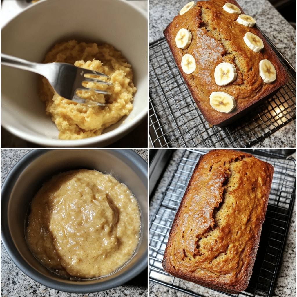 Step-by-Step Banana Bread Collage from Batter to Golden Loaf