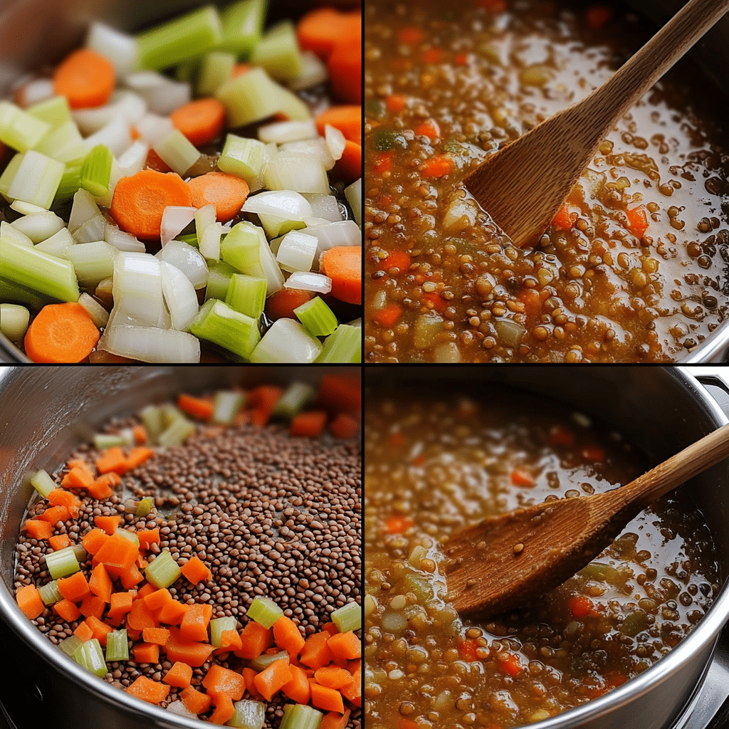 Four panel collage of sautéing vegetables, adding lentils, simmering, and finished lentil soup in pot.