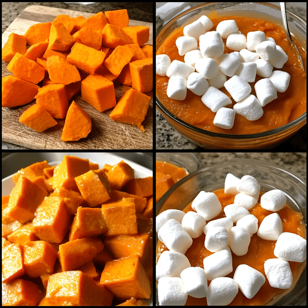 Four panel collage of dicing sweet potatoes, mixing in slow cooker, cooked sweet potatoes, and adding marshmallows.