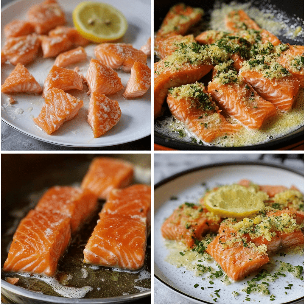Four panel collage of seasoning, coating, frying, and plating salmon