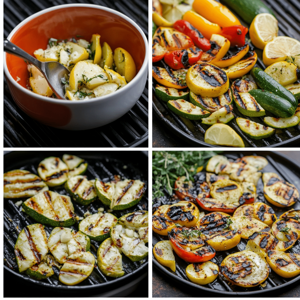 Four panel collage showing mixing marinade, tossing vegetables, grilling, and serving