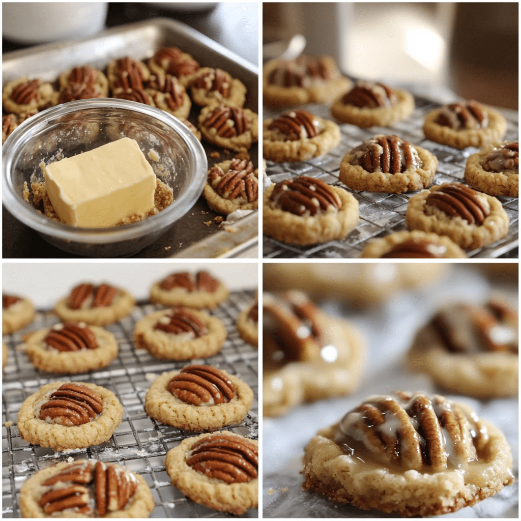 Four panel collage showing mixing dough, pressing thumbprints, filling with pecans, and baked pecan pie cookies cooling.