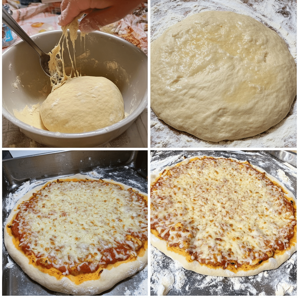 Four panel collage showing mixing, rising, stretching, and baking pizza crust