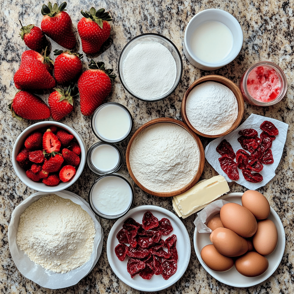 Strawberry cake ingredients including fresh strawberries, cake flour, sugar, butter, eggs, sour cream, cream cheese, and freeze-dried strawberries.